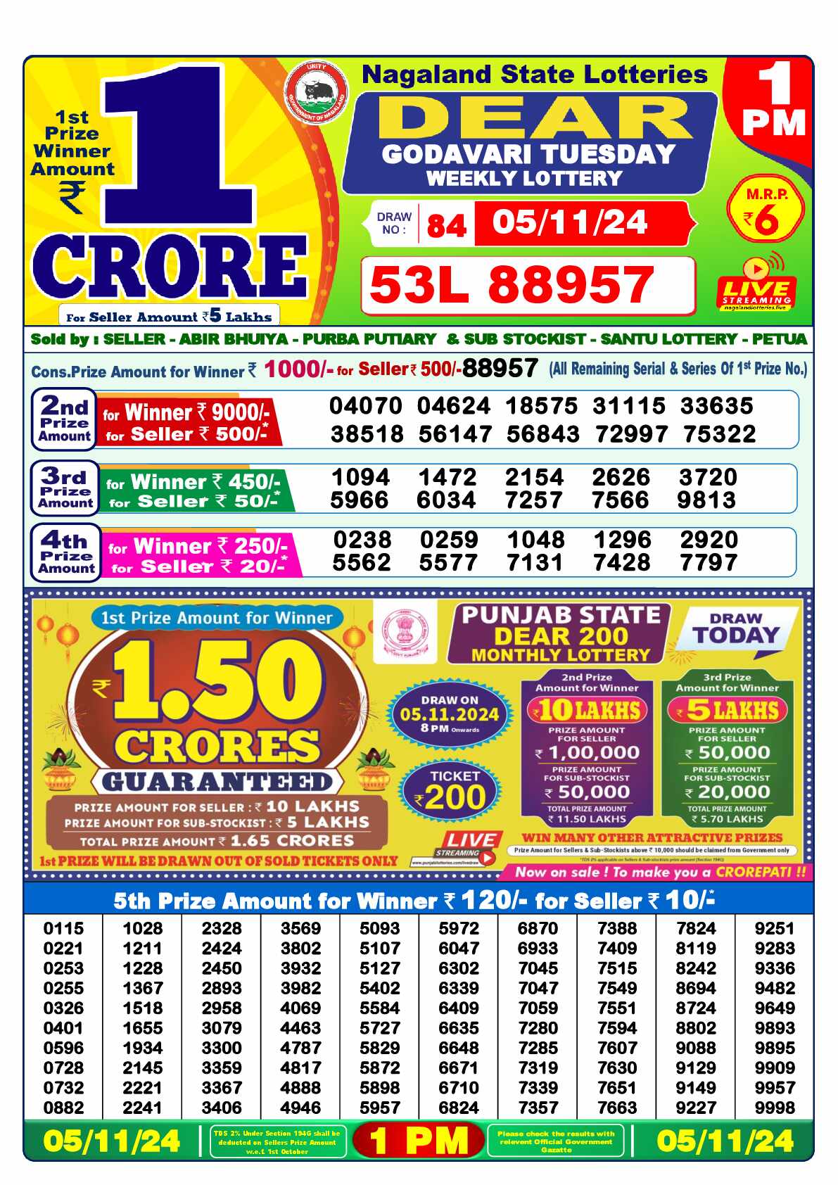 Lottery Sambad Result 1:00 PM Yesterday 05 November 2024